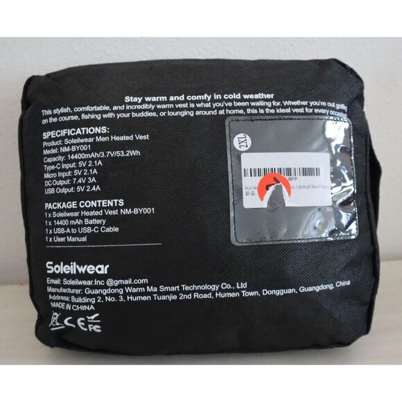Soleilwear NM-BY001 Men's Sz 2XL Black Lightweight Rechargeable Heated Vest - Picture 2 of 8